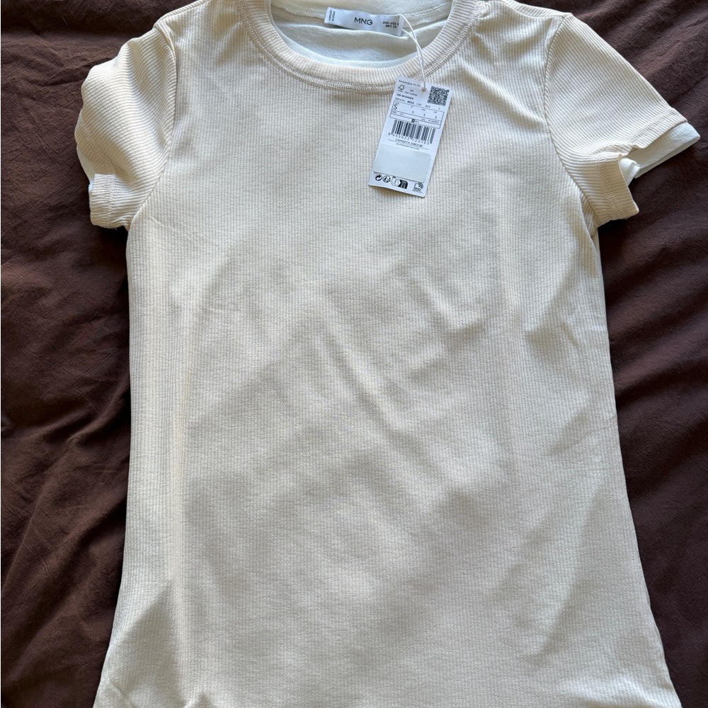 Mango Cream Ribbed Short Sleeve Crew Tee with White Trim